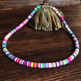 Pingyongchang Heishi Surfer Choker Boho Jewelry Lightweight Colorful African Vinyl Disc Beads Necklace for Women Men Holiday Summber Beach Jewelry, Soft clay