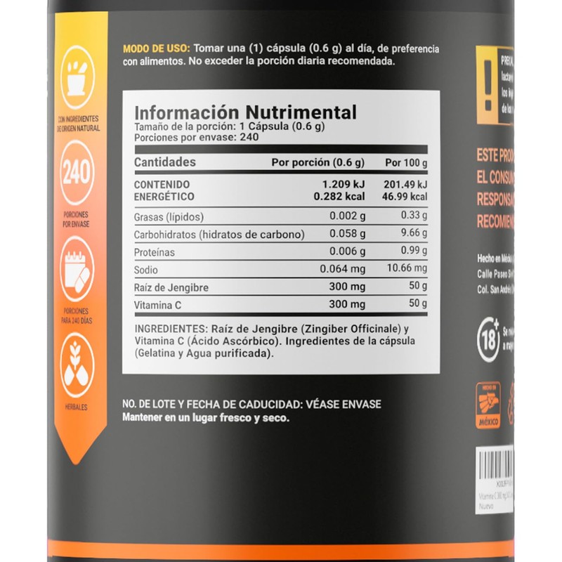 Vitamina C + Jengibre de 240 Cápsulas Marca B Life.