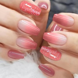 EternalClassic Coffin Press On Nails Medium Nude Pink Ombre Fake Nails Press ons, Gradient Press on Nails Medium Coffin Acrylic False Nails, 24PCS Glue On Nails Glitter Stick On Nails