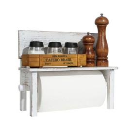 GoFika Farmhouse Paper Towel Holder for Kitchen Countertop with Shelf,Rustic Decorative Bench Paper Towel Dispenser, Whitewashed Wood,Rolls Sized 11.4x5.7IN or Smaller Only