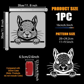 FINGERINSPIRE Squirrel Peeping Painting Stencil with a 16cm Paint Brush, 11.8x11.8inch Reusable Plastic Stencil DIY Craft Template for Painting on Wall Wood Furniture Fabric