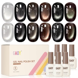 GAOY Black Silver Cat Eye Gel Nail Polish Set with Magnet, 6 Colors Brown Holographic Glitter Jelly Nail Polish, Reflective Translucent UV Gel for Manicure Art DIY