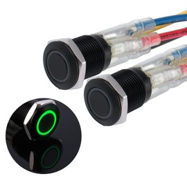 JIQI 2 x 12 mm Momentary Pressure Switch 12 V to 24 V 2 A Waterproof Button Switch Made of Metal IP66 1NO Current Black Push Button with LED Light Connection Wires for Motorcycle Boat Truck RV (Green)