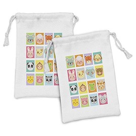 Lunarable Zoo Fabric Pouch Set of 2, Zoo Animal Faces Print Traditional Polka Dot Background Cartoon Style Manga Inspired, Small Drawstring Bag for Toiletries Masks and Favors, 9" x 6", White Teal
