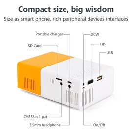 Mini Projector, Yellow and White Mini Projector 1080P Full HD Projector LED Mini Video Projector for Family Gatherings, Camping,Compatible with HDMI, USB, Audio, TF Card