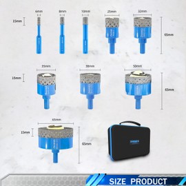 Diamond Hole Saw Kit - ZNXIMER Diamond Core Drill Bits Set for Ceramic, Granite, Marble and More Drilling - 9pcs Porcelain Tile Hole Saw Kit(6/8/10/25/32/35/38/50/65MM)