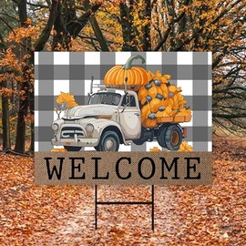 Welcome Thanksgiving Yard Sign, Harvest Fall Autumn Pumpkins Seasonal Holiday Outdoor Thanksgiving Truck Yard Decoration with Metal H-Stake, VP3854