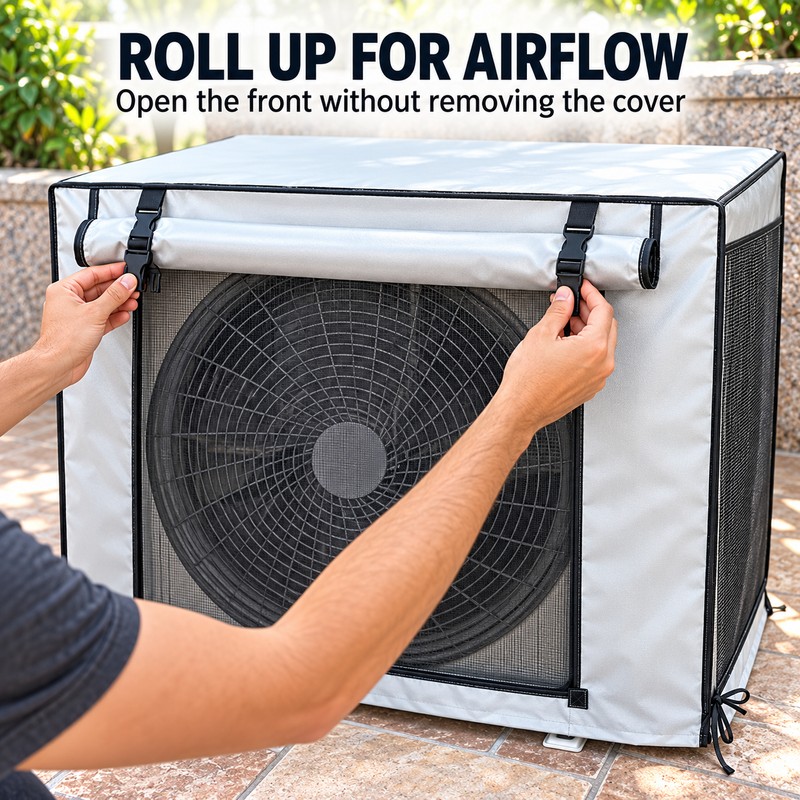 Outdoor Air Conditioner Cover, Oxford Cloth Weather Protector with Roll-Up