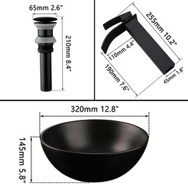 KECTIAKL Bathroom Vessel Sink 13 Inch Black Ceramic Sink with Mixer Tap,Above Counter Round Bathroom Sink Bowl with Waterfall Faucet and Pop-Up Drain Combo