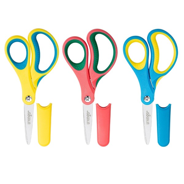 LIVINGO 5" Kids School Scissors: Small Safety Scissors Pointed Tip, Soft Handle Right Left Handed Use, Student Scissors for Craft, Classroom, Child, Toddler, Assorted Colors, 3 Pack