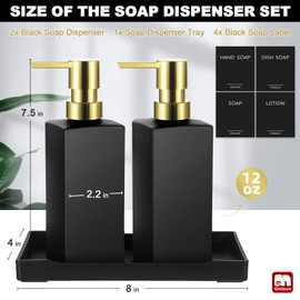 GMISUN Kitchen Soap Dispenser Set with Tray, Dish Soap Dispensers for Kitchen, 12fl oz/350ml Hand and Dish Soap Dispenser Set, Black Soap Dispensers with Gold Pump, Glass Liquid Soap and Lotion Bottle
