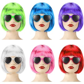 6 Pieces Party Wigs and Sunglasses Set, Neon Short Bob Wig, Colorful Sunglasses, Cosplay Wig Daily Party Hairpieces for Costume Party Bachelorette Decorations