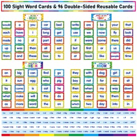 First Sight Word Cards, 100 First Word Cards & 96 Double-side Erasable Blank One Pocket Chart Cards for Beginning Reading, Sight Reading, Early-Reading, Students Classroom Home School Use