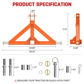 3 Point Trailer Hitch with 2" Receiver Quick Hitch Compatible with Category 1 Tractors, Heavy Duty 3pt Towing Hitch Tractor Drawbar Hitch Adapter for BX, Kubota, John Deere, NorTrac, Kioti(Orange)