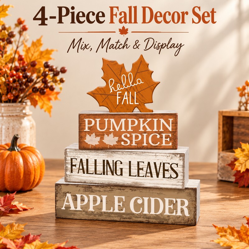 Wooden Fall Tabletop Decor for Seasonal Decorating – 4-Piece Maple