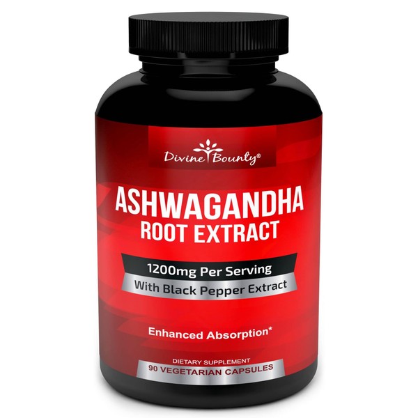 Divine Bounty Organic Ashwagandha Capsules - 1200mg Ashwagandha Powder with Black Pepper for Enhanced Absorption - Ashwaganda Supplement for Calmness & Mood Support - 90 Veggie Capsules