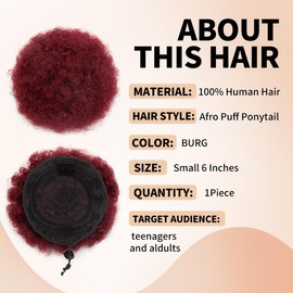 Boymia Afro Puff Drawstring Ponytail #BURG Burgundy 6 Inch Afro Kinky Curly Hair Bun Hairpieces Clip On Kinky Drawstring Curly Ponytail Bun 100% Remy Human Hair Naturally Styled Hairpiece