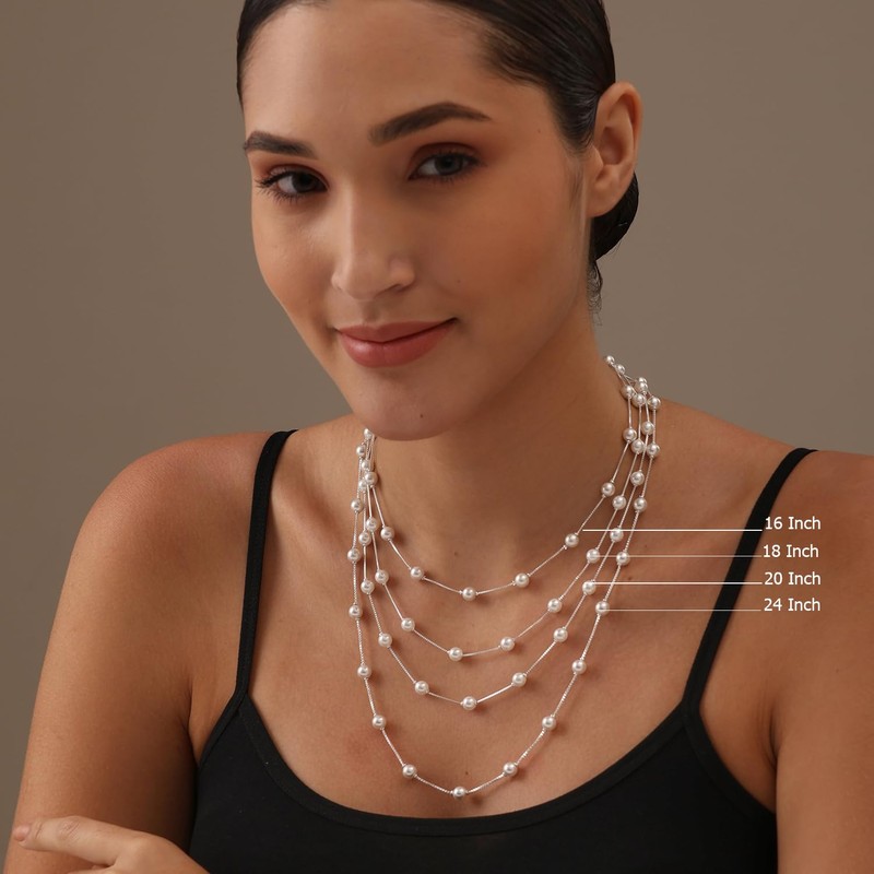 LeCalla 925 Sterling Silver Italian Pearl Station Chain Necklace for