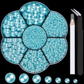Nail Art Flat Back Half Round Pearl Kits 22, 1 Box of 6000 Pcs Flat-Back Light Blue Pearl with Tweezer and Picker Pencil for Home DIY Nails Body Face Craft and Salon Use