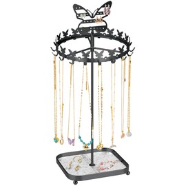 NiHome Butterfly Rotating Jewelry Organizer with 18 Hooks, 26 Earring Holes and Jewelry Tray, Space-Saving Necklace & Earring Holder for Organizing and Displaying Jewelry at Home or in Stores (Black)