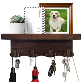 VAZINE Key Holder for Wall with Shelf, Decorative Wave Design Mail Organizer Wall Mounted with 4 Double Hooks for Keys, Coats, Dog Leash, Wooden Key Rack for Entryway, Hallway, Home Decor (Brown)