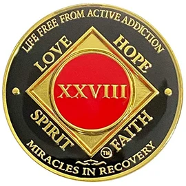 Simply Minimal 28 Year NA Gold Color Plated-Medallion, Recovery Chip, Narcotics Anonymous Coin (Red & Black)