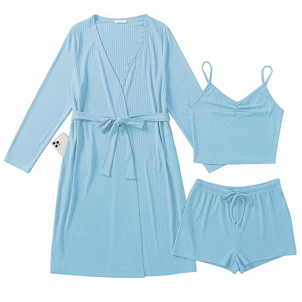 Ekouaer Rib Knit Pajamas Set for Women 3 Piece Lounge