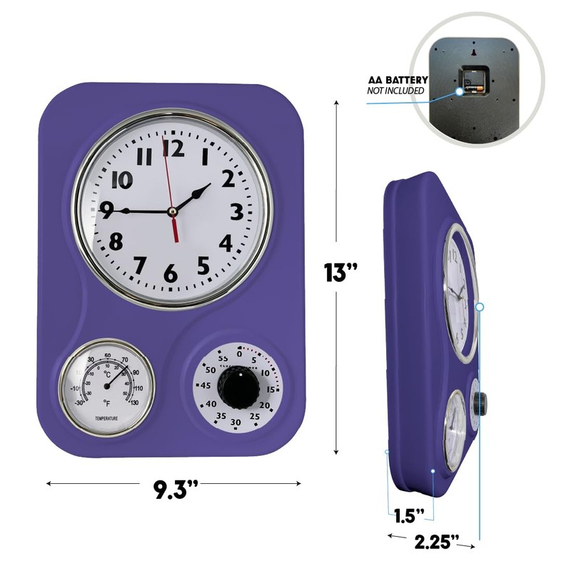 Lily's Home Retro Kitchen Clock with Temperature and Timer (Purple)
