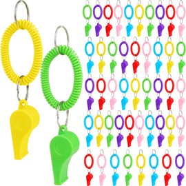 48 Pcs Colorful Whistle with Bracelet Bulk Loud Whistle with Stretchable Coil Wrist Keychain Bracelet for Kids Toy Coach Referee Utensils Christmas Birthday Party Gift Bag Filler, 6 Colors