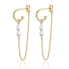 Earrings Hanging Silver/Gold Long Drop Earrings with Pearls for Women Hypoallergenic Drop Dangle Chain Gold-Plated Earrings, Yellow Gold