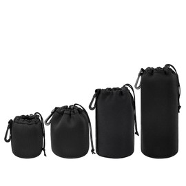 AIMALL 4PCS Waterproof Camera Lens Pouch Set, Shockproof Diving Fabric Barrel Bags with Hook & Drawstring for DSLR Mirrorless Lens, S/M/L/XL Black Sizes