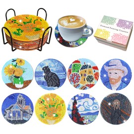 LINGFANG 8 Pcs Diamond Painting Coasters Kits, Van Gogh Sunflowers DIY Diamond Art with Holder & Cork Pad Non Slip Coaster for Beginners, Diamond Coaster Supplies Gift for Adults, Starry Night