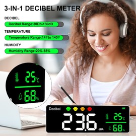 3-in-1 Decibel Meter Wall Hanging Sound Level Meter,11 Inch Classroom Noise Meter 30-130dB Range LED Display Noise Temperature Humidity Meter with Alarm Icons Indicator for Home,Studio,Factory