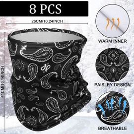 Chicingyou 8 Pack Paisley Winter Neck Warmer Gaiter for Men Windproof Fleece Neck Gaiter Face Mask Cover Cold Weather Scarf Bandana for Skiing Cycling Outdoor Winter(Black)