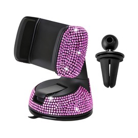 FALVFUN Bling Car Phone Holder, Rhinestone Vehicle Windshield Dashboard Cellphones Mount with Clamp, 360°Adjustable Diamond Automotive Air Vent Smartphones Stand, Universal Fit (Pink)
