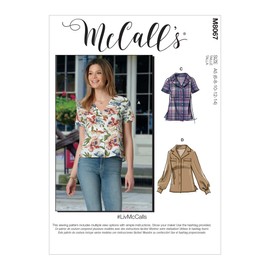 McCalls Pattern M8067E5 Misses' Button-Front Tops with Collar and Sleeve Options E5 (14-16-18-20-22), Various