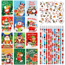 HOWAF Mini Christmas Notepads Pocket Notebooks and Christmas Pencils with Eraser, Christmas Tattoos for Kids Christmas Eve Box Fillers Xmas Stocking Fillers Gifts Party Favours for Boys and Girls