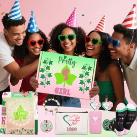 AKA Gifts for Women, 7pcs Gift Set for AKA Lovers, Pink and Green Throw Blanket, Sisterhood Present With Novelty Socks,Make Up Bag,Bracelets,Earrings,Stickers