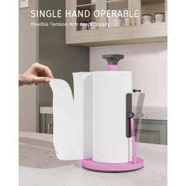 WZKALY Pink Paper Towel Holder, Paper Towel Dispenser Standing Weighted Base Non Slip, Spring Arm for Easy Tear, Stainless Steel Paper Towel Holder with Phone for Kitchen Accessories Countertop