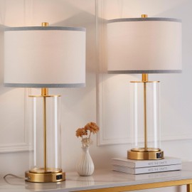 Kyrid 23.5'' Glass Table Lamp Set of 2 for Bedroom Antique Brass Finish,3-Way Touch Control Gold Glass Lamps with USB Ports and AC Outlets(Bulbs Included)