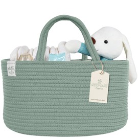 KiddyCare Woven Diaper Caddy Organizer, Large Gray Multi Functional Portable Baby Basket with Handle, Baby Gift for Boy/Girl Nursery Storage, Organization, and Modern Car Diaper Caddy Natural Large