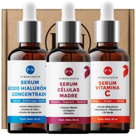 Kit Serum facial Acido Hialurónico, Vitamina C y Células Madre anti edad | Paquete completo de serum para el cuidado de la piel, hidratación y rejuvenecimiento (Kit AH + Celulas madre + Vit C)