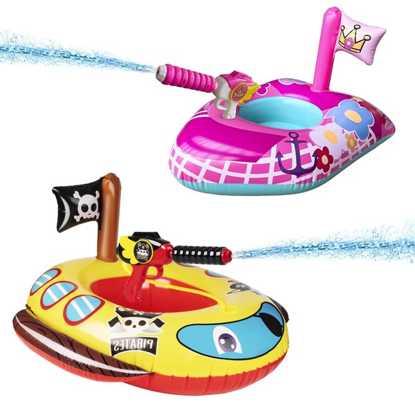 2 Pack Toddler Pool Floats with Squirt Gun, Inflatable Pool Toys for Kids, Pink Flower Princess Floaties for Girls, Blow up Pirate Ship Pool Floats for Child，Baby Water Float Summer Pool Game Toys