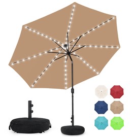 Sundale Outdoor Solar 80 LED 9 ft Patio Umbrella with Sand Bag Umbrella Base, Outdoor Umbrella with Tilt and Crank, Tan