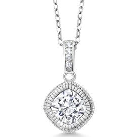 925 Sterling Silver Pendant with Chain Set with Forever Classic Very Light (IJK) Cushion Moissanite from Charles & Colvard and (1.75 Cttw)