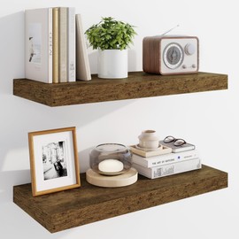 Marsmiles 24" Floating Shelves for Wall, Wooden Shelves with Invisible Brackets Set of 2, Rustic Farmhouse Wall Mounted Shelf for Kitchen Bathroom Living Room Study, Rustic Brown