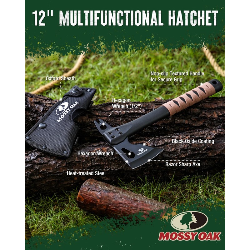 MOSSY OAK 12" Camping Axe and Survival Hatchet with Sheath,