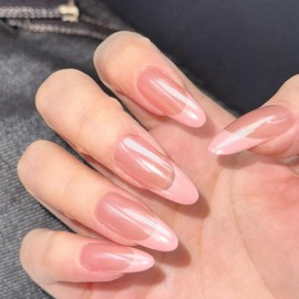 Press on Nails Almond - Pink Aurora French Tip False Nails with Glue - 24Pcs False Nails Medium Length Stick on Nails - Acrylic Fake Nails Long Lasting for Women Girls