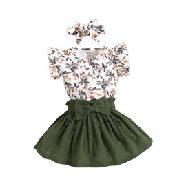 HEOXIN Baby Girl Clothing Sets, Newborn Ruffle Short Sleeves Snap Button Crotch Bodysuit Bow Knot Stretch Waist Floral Pattern Skirt Headband Summer Outfit Baby Clothing Green, 3-24 Months, Green, 18