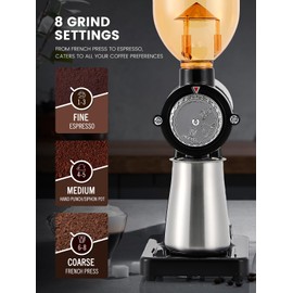 Huanyu Stainless Steel Coffee Grinder Electric with 8 Grinding Settings Flat Burr Coffee Grinder Adjustable Burr Coffee Grinders for Home Use Black